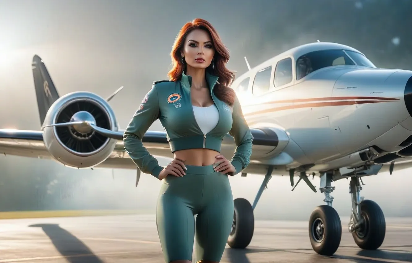 Фото обои girl, airplane, jumpsuit, ai art