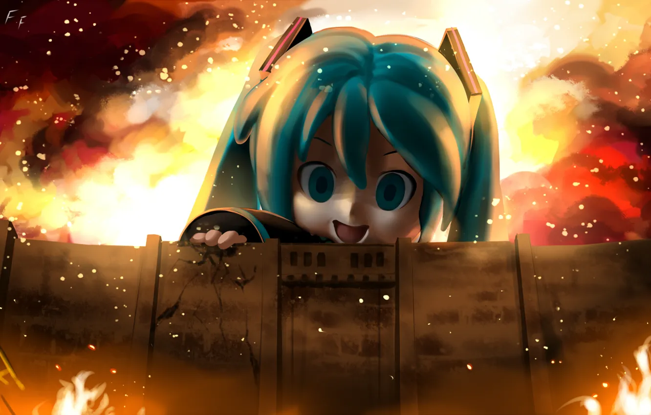 Фото обои fire, wall, Hatsune Miku, Attack on Titan, WIT STUDIO