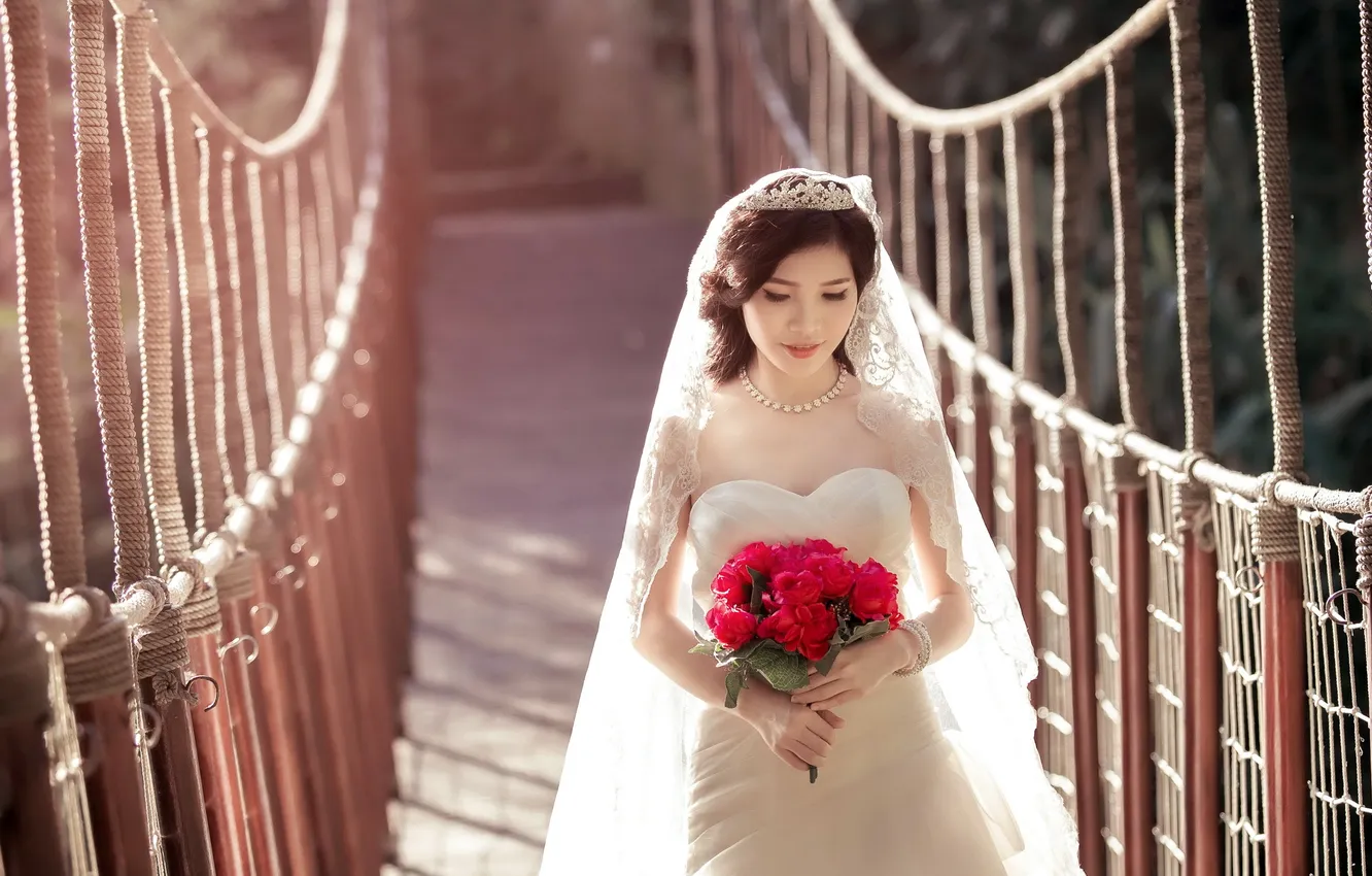 Фото обои девушка, цветы, мост, азиатка, невеста