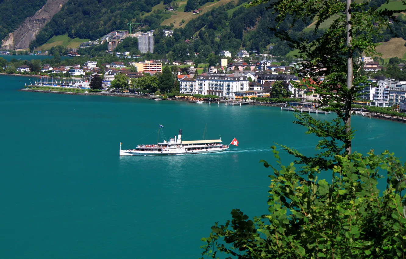 Фото обои озеро, скалы, берег, дома, Швейцария, теплоход, Schwyz