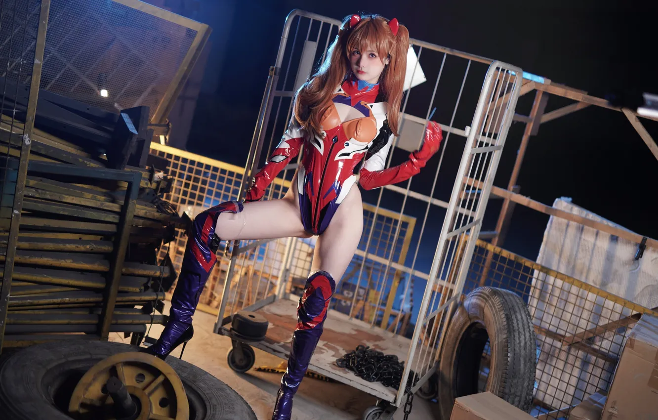 Фото обои women, looking at viewer, Asian, redhead, spread legs, cleavage, chengzimiaoj, cosplay