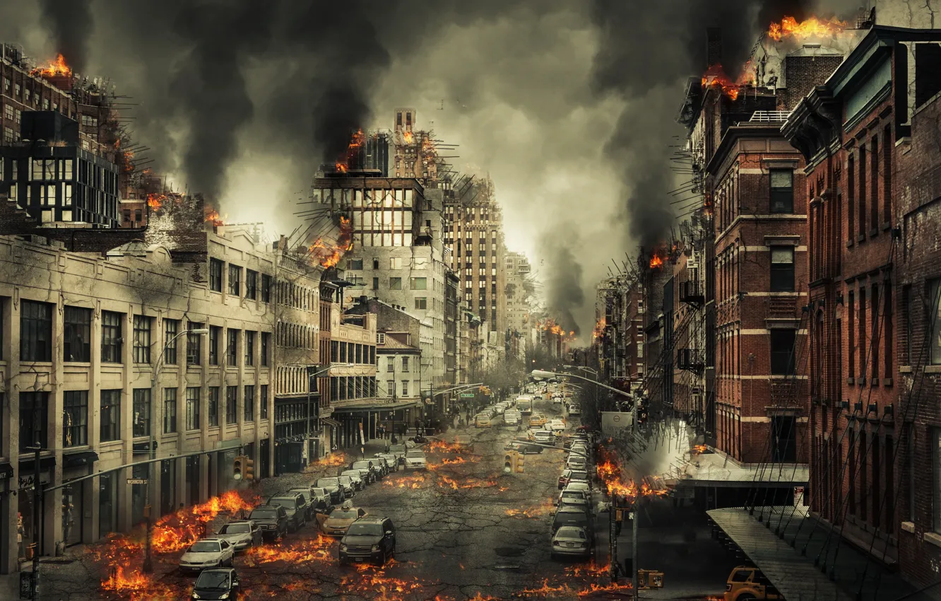 Фото обои город, пламя, улица, Армагеддон