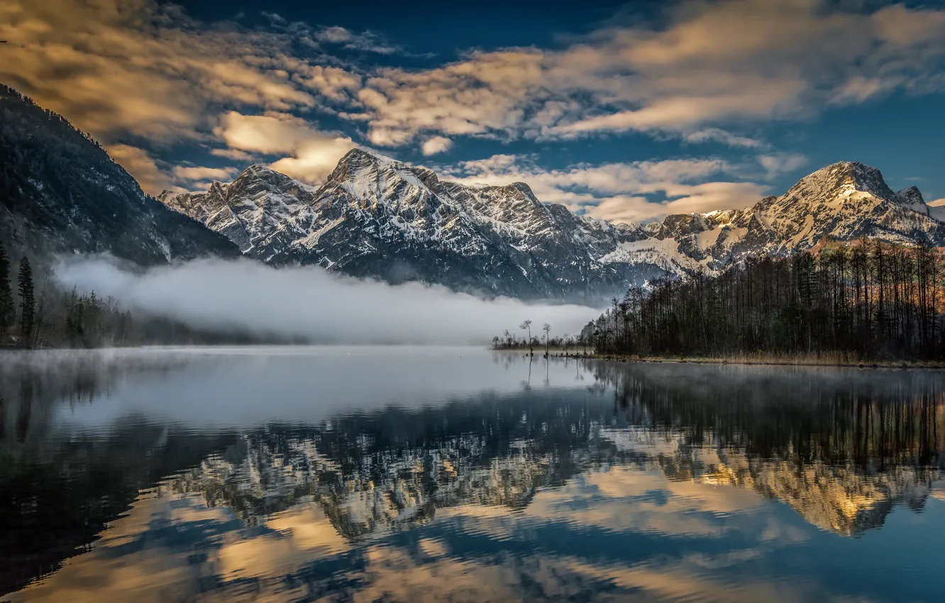 Фото обои горы, туман, озеро, отражение, Австрия, Альпы, Austria, Alps