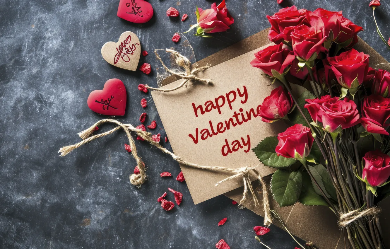 Фото обои любовь, цветы, подарок, романтика, розы, сердечки, красные, love