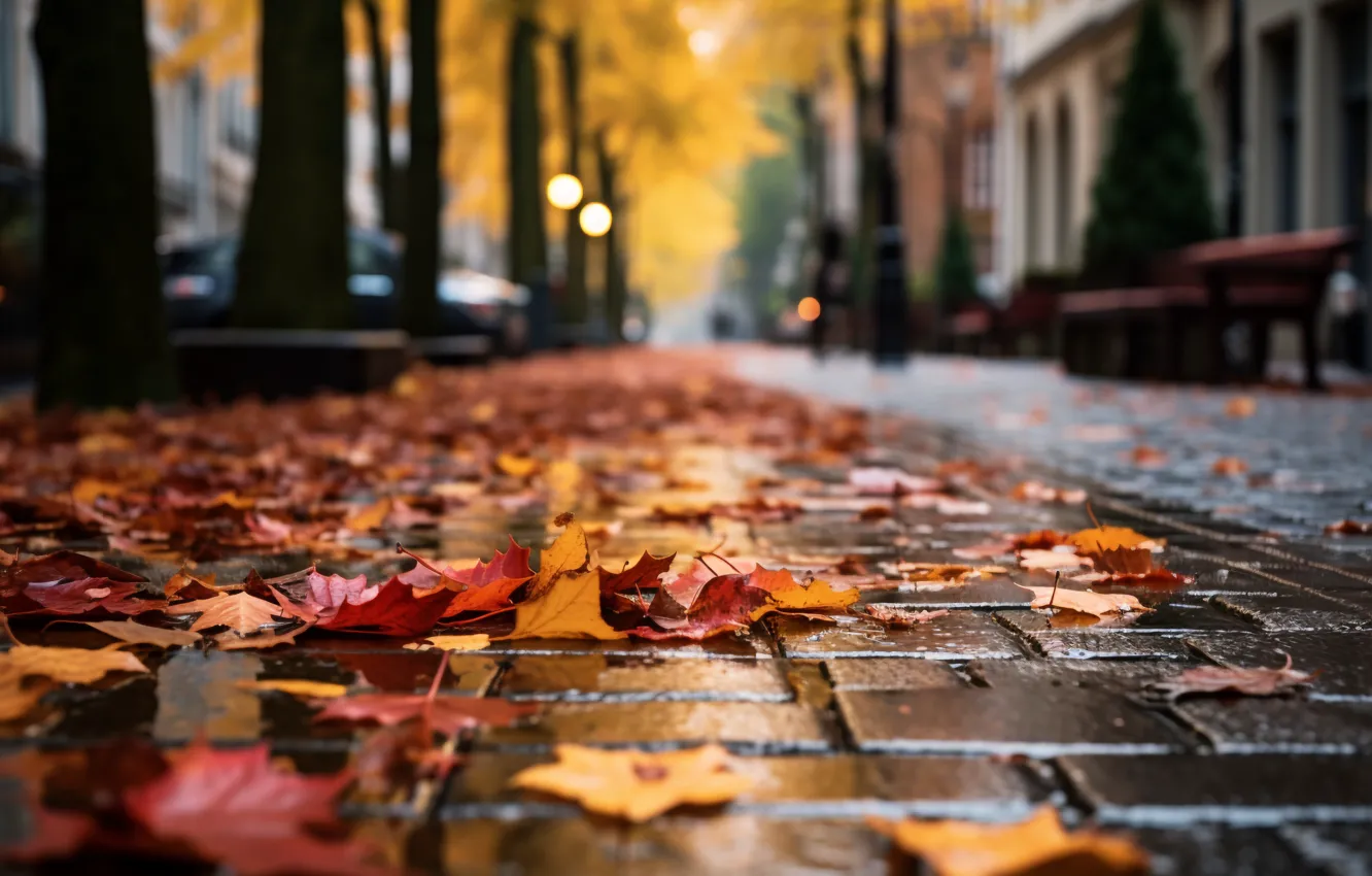 Фото обои осень, листья, фон, улица, background, autumn, leaves, street
