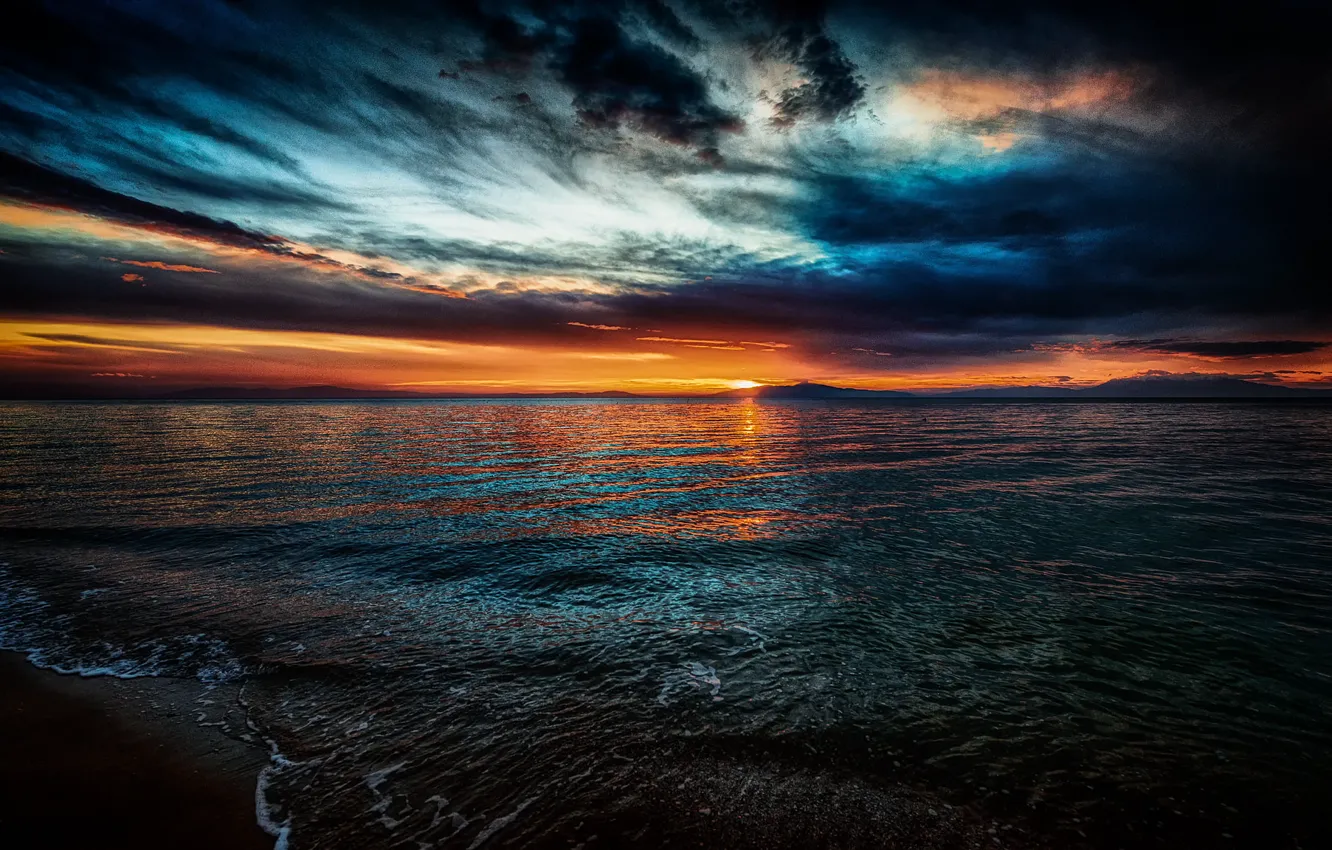 Фото обои песок, море, волны, пляж, закат, горизонт, пейзаж. красота