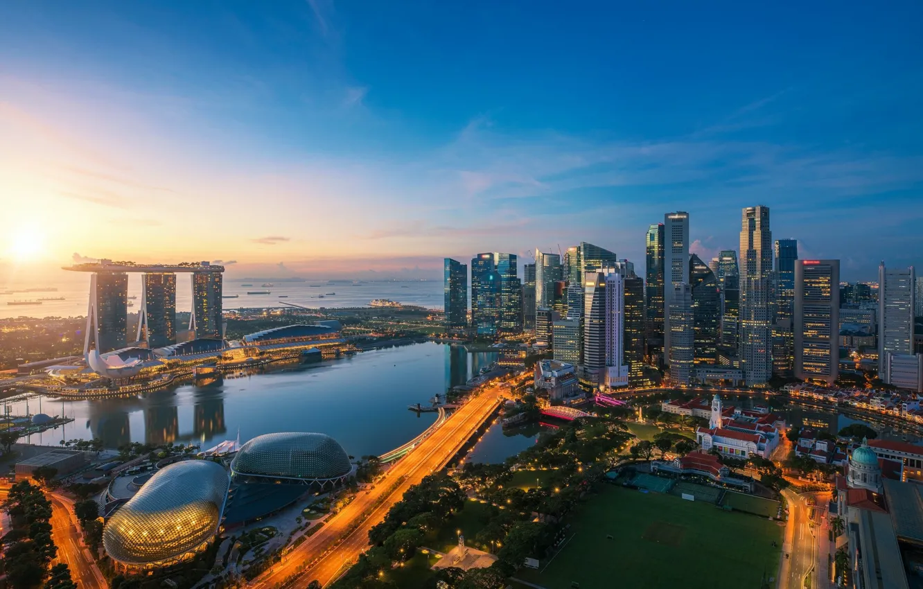 Фото обои поле, город, озеро, здания, панорама, Сингапур, Singapore, Singapore city
