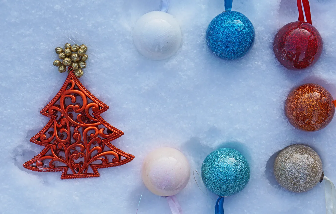 Фото обои зима, шарики, праздник, шары, игрушки, Рождество, Новый год, ёлка