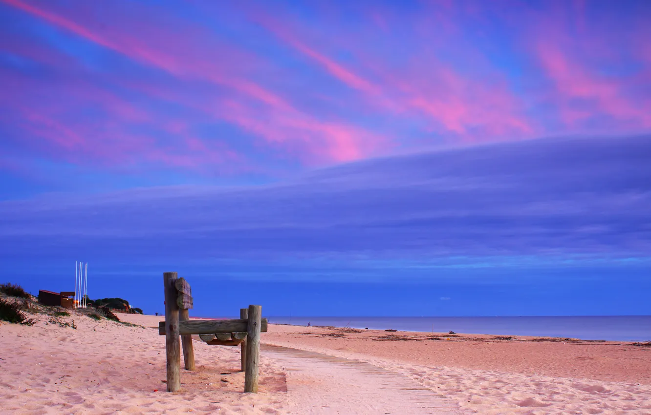 Фото обои песок, пляж, скамейка, побережье, дорожка, Атлантический океан, Atlantic Ocean