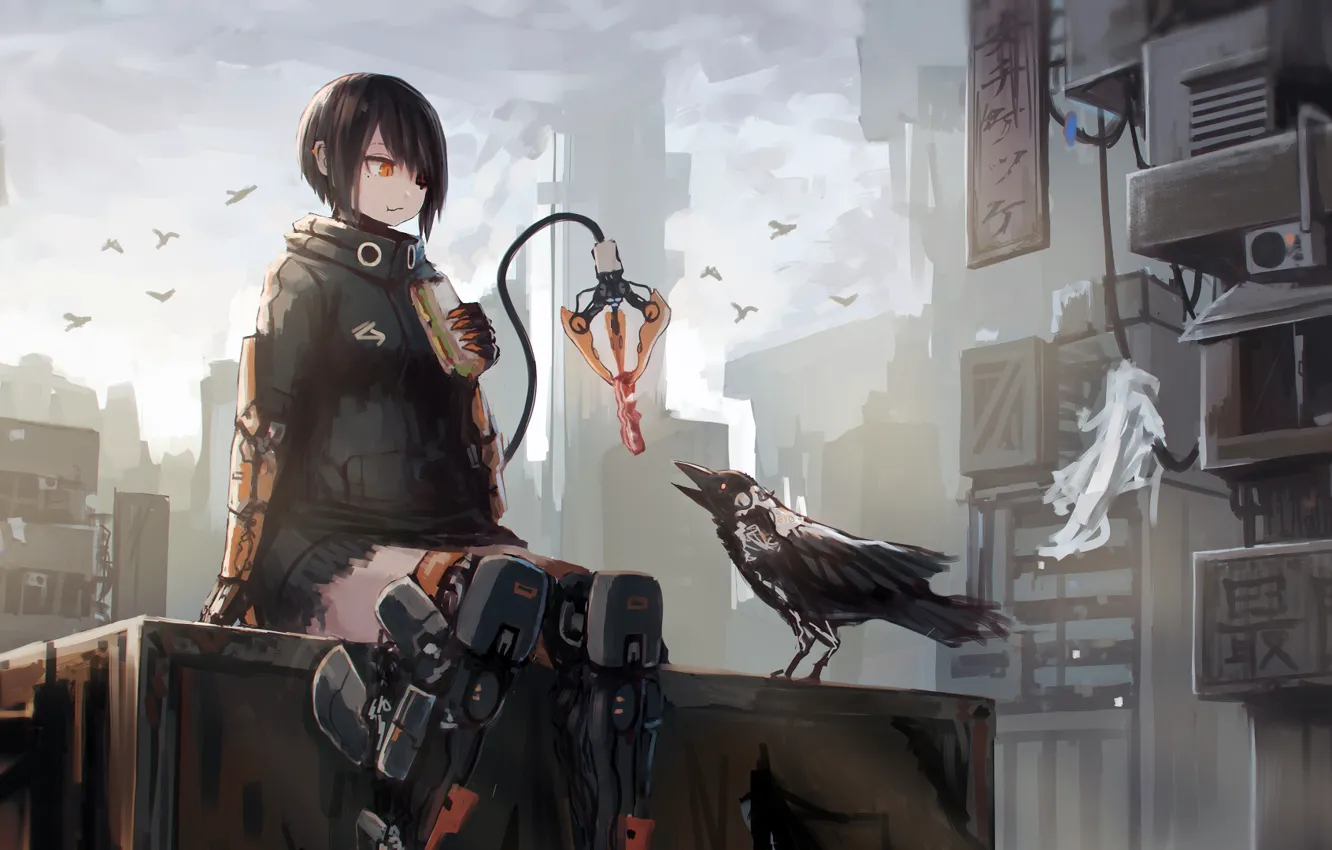 Фото обои city, future, girl, fantasy, robot, android, bird, crow