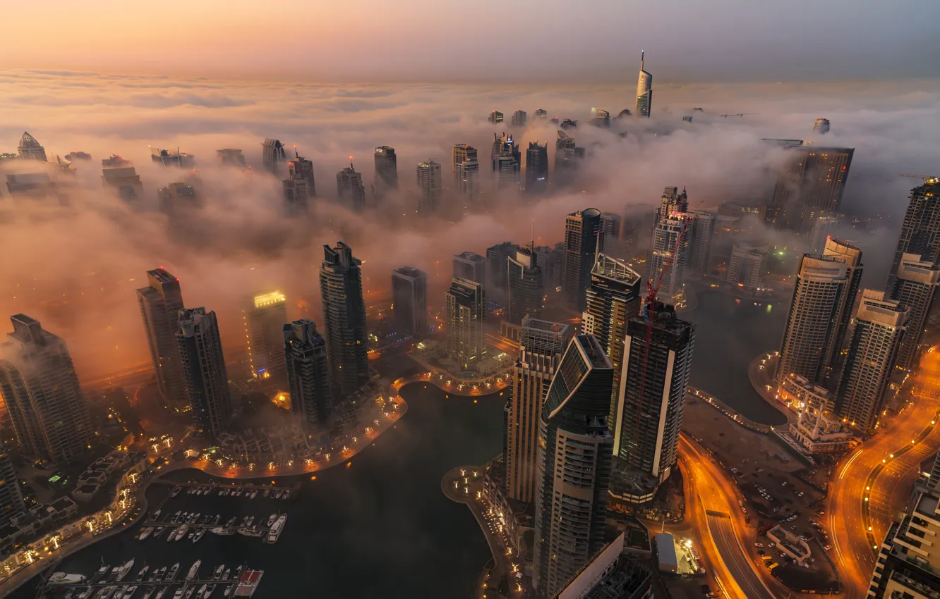 Фото обои Clouds, Dubai, Landscape, Smoke, Skyscraper, Foggy