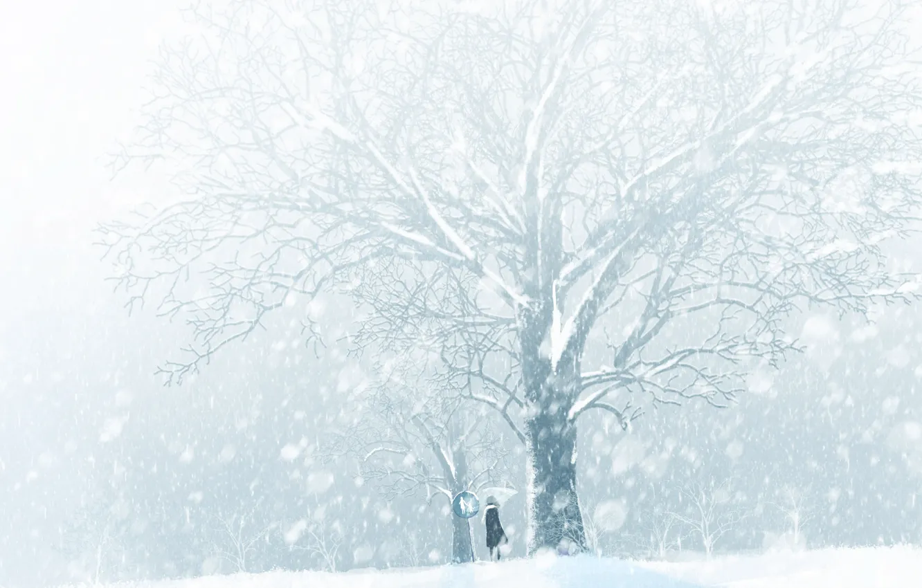 Фото обои зима, девушка, снег, дерево, знак