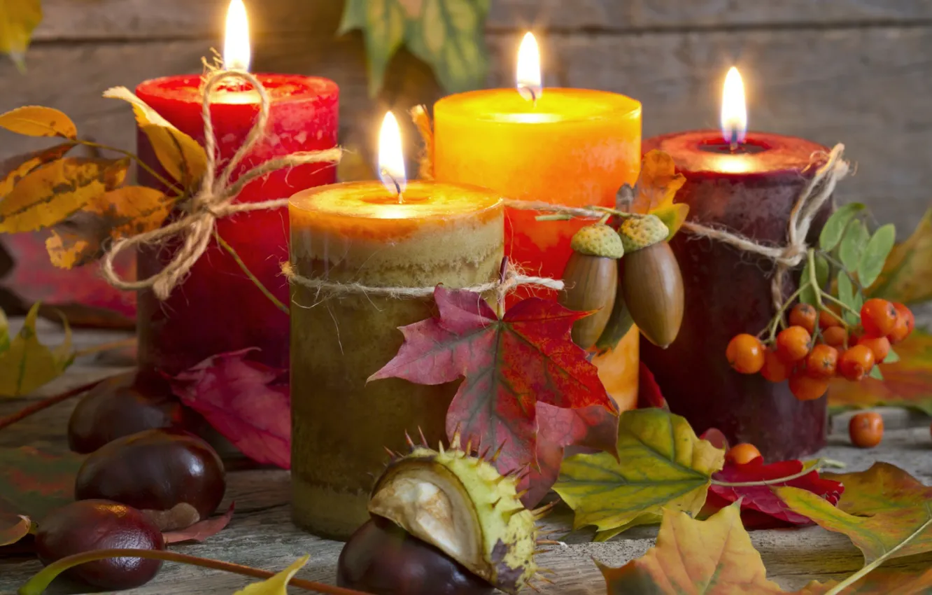 Фото обои осень, листья, свечи, натюрморт