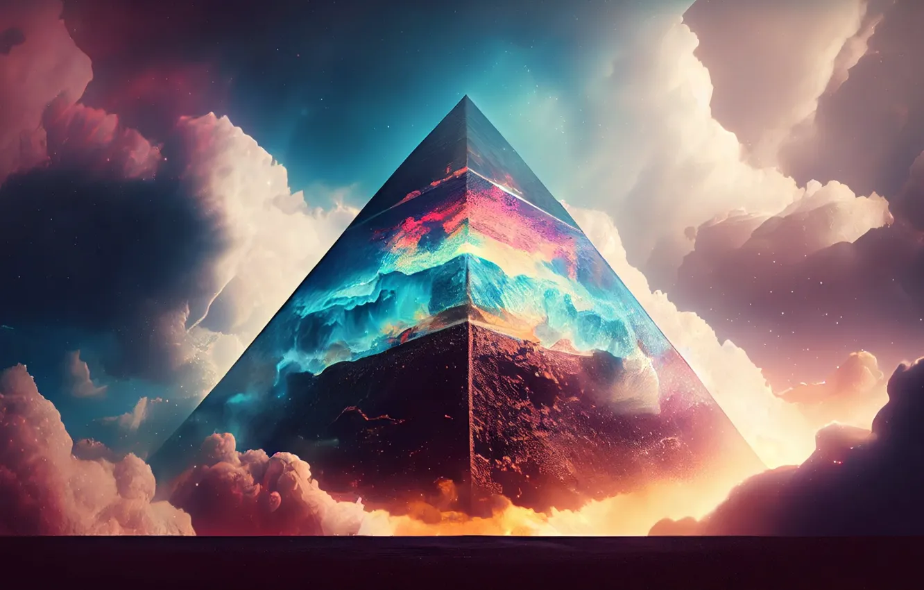 Фото обои облака, вселенная, дым, пирамида, universe, дымка, smoke, разноцветный