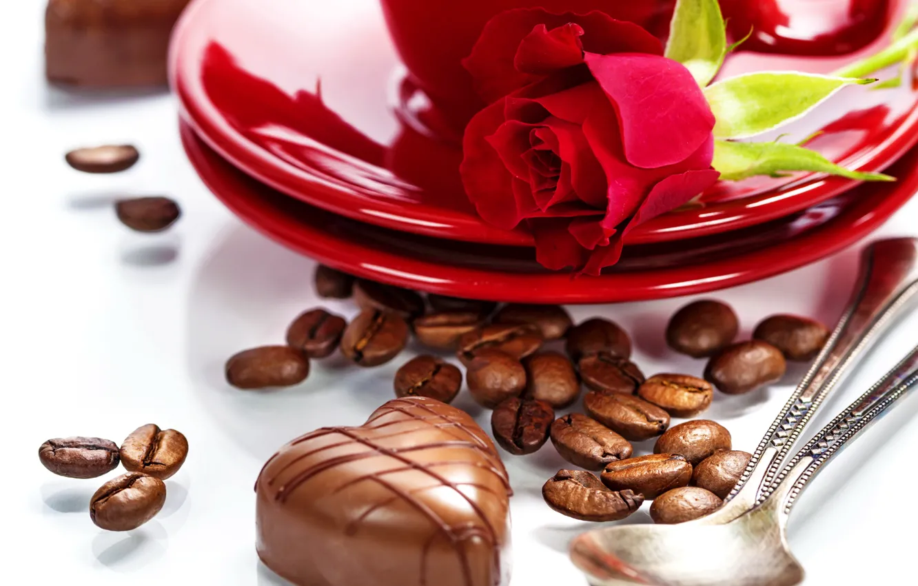 Фото обои сердце, роза, кофе, шоколад, тарелка, конфеты, love, heart