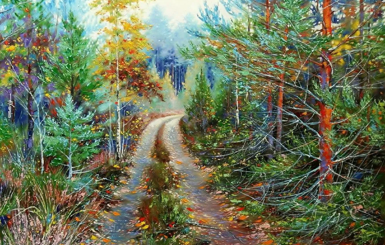 Фото обои пейзаж, природа, масло, картина, живопись, холст, лесная дорога, Ходюков