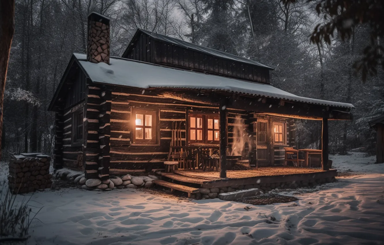 Фото обои зима, лес, снег, ночь, house, хижина, forest, night