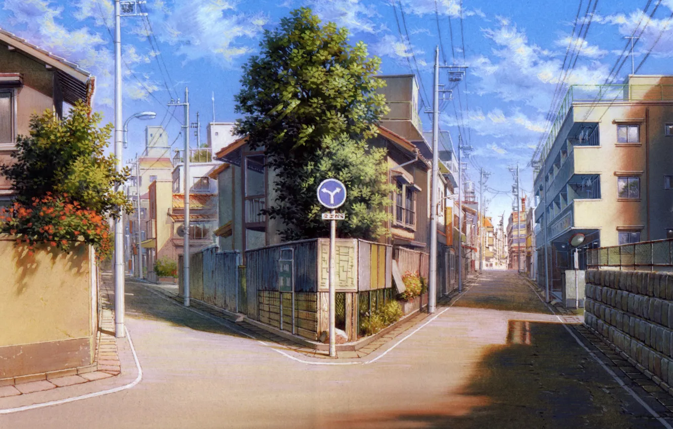 Фото обои лето, деревья, город, знак, улица, столбы, провода, забор