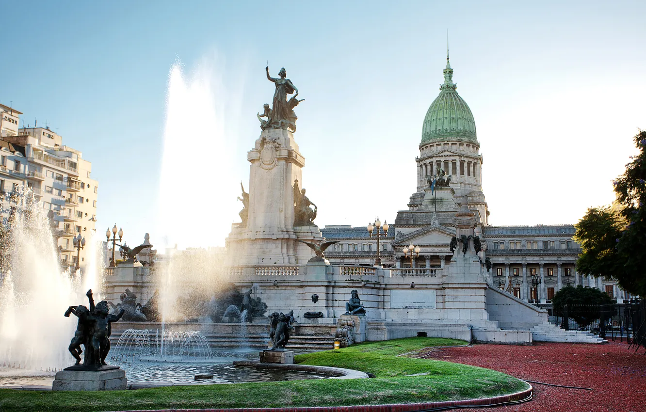 Фото обои газон, памятник, фонтан, дворец, скульптуры, Аргентина, Buenos Aires