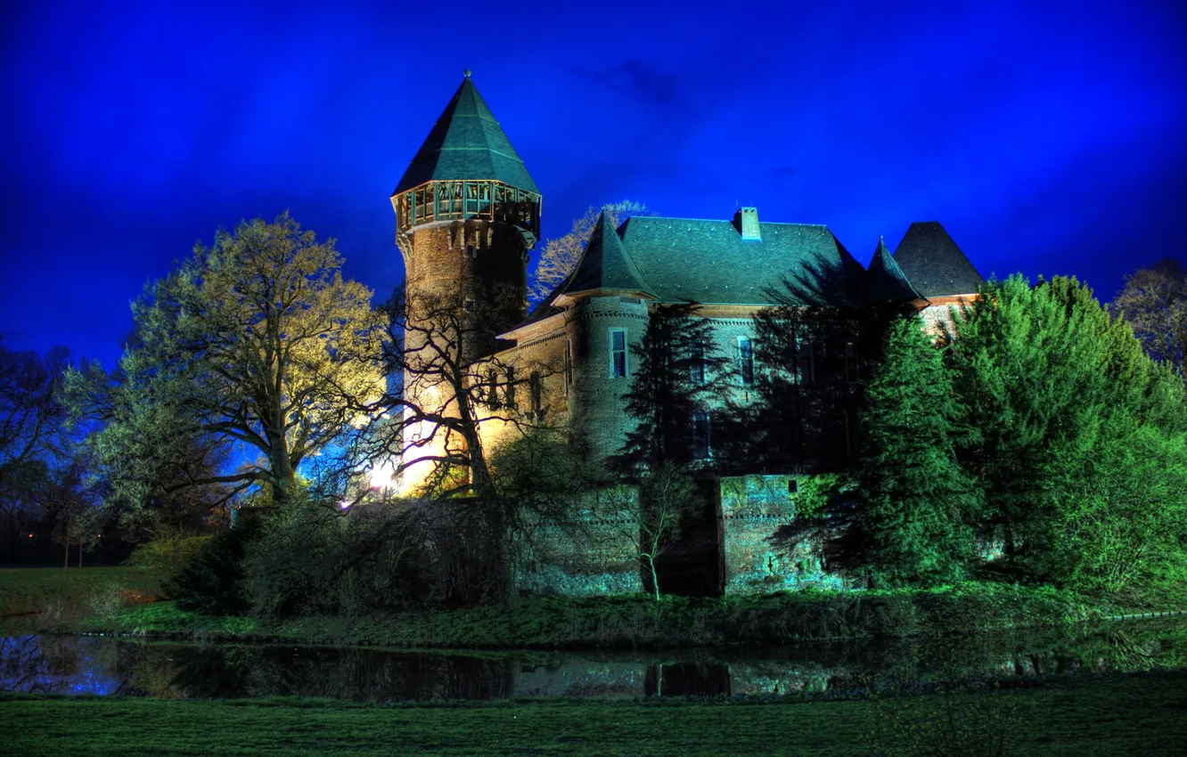 Фото обои небо, деревья, ночь, замок, башня, Германия, krefeld, linn