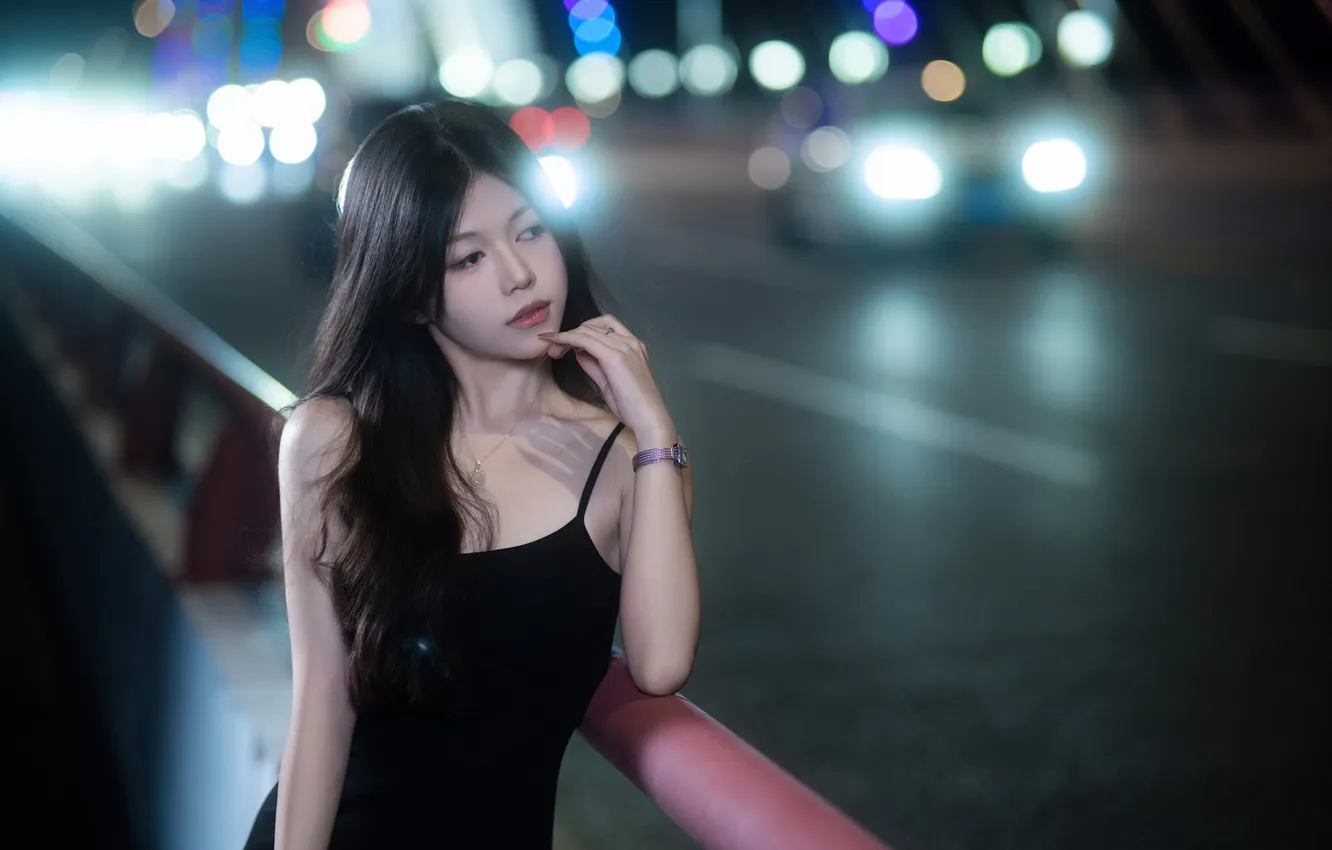 Фото обои Dark, Car, Beautiful, Asian, Model, Bridge, Lights, Night