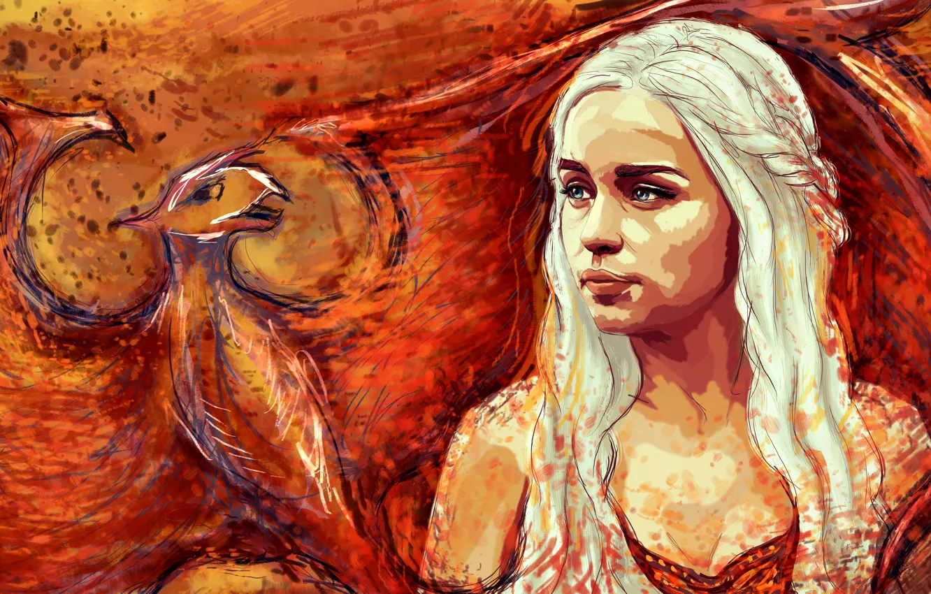 Фото обои дракон, рисунок, арт, блондинка, Игра Престолов, Game of Thrones, Emilia Clarke, Daenerys Targaryen