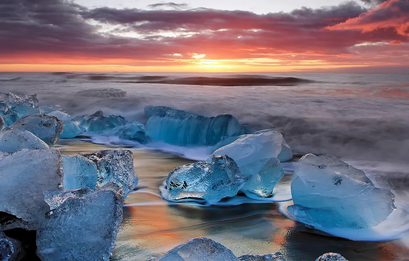 Фото обои лед, небо, облака, пейзаж, закат, прибой, Исландия