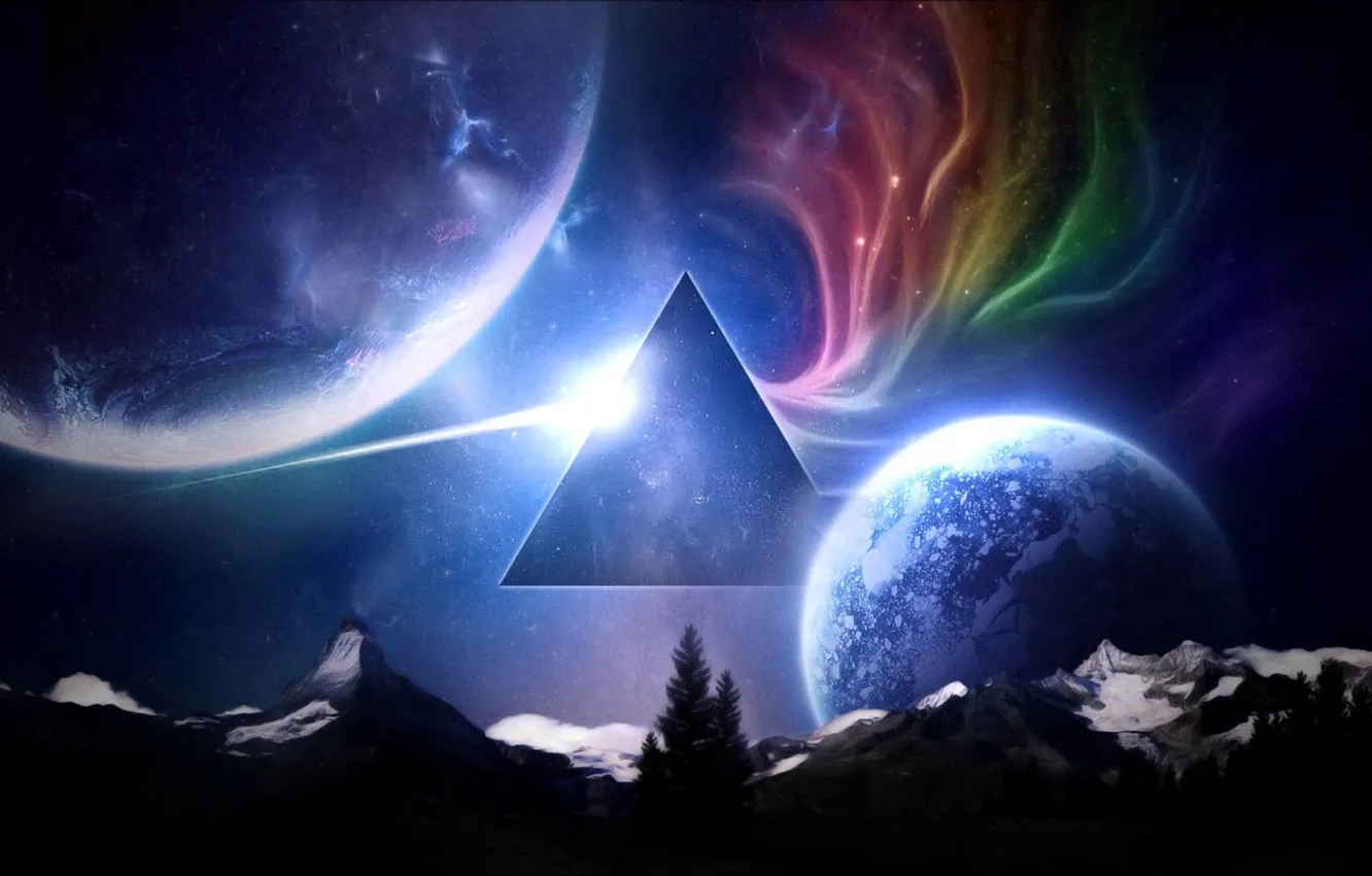 Фото обои Луга, Горы, Музыка, Звезды, Планета, Космос, Треугольник, Pink Floyd