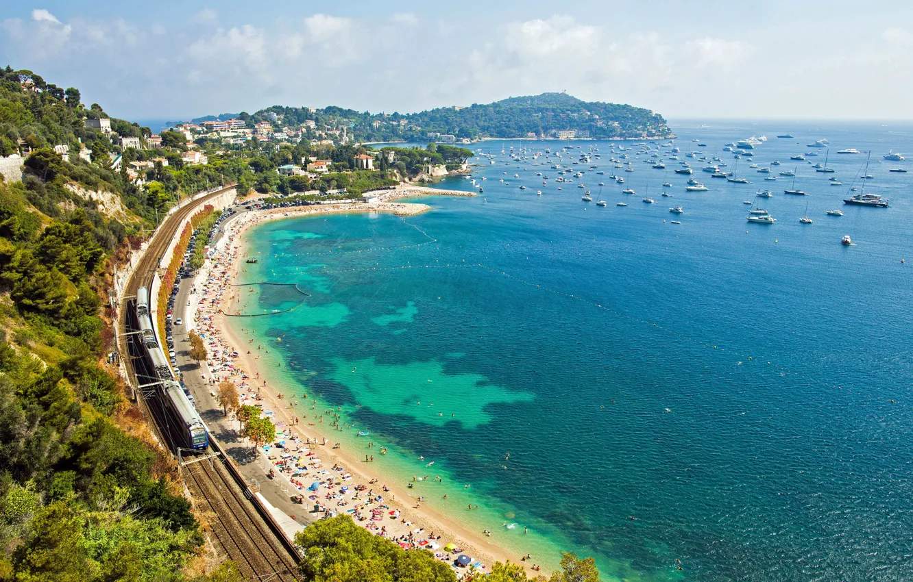 Фото обои пляж, побережье, Франция, яхты, электричка, панорама, железная дорога, France