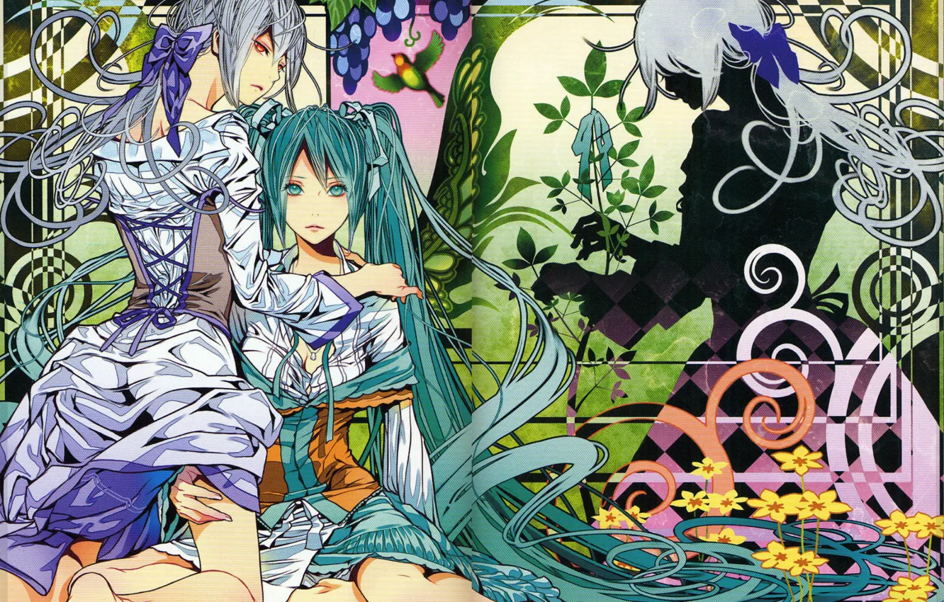 Фото обои цветы, узор, тень, корсет, vocaloid, бант, Hatsune Miku, длинные волосы