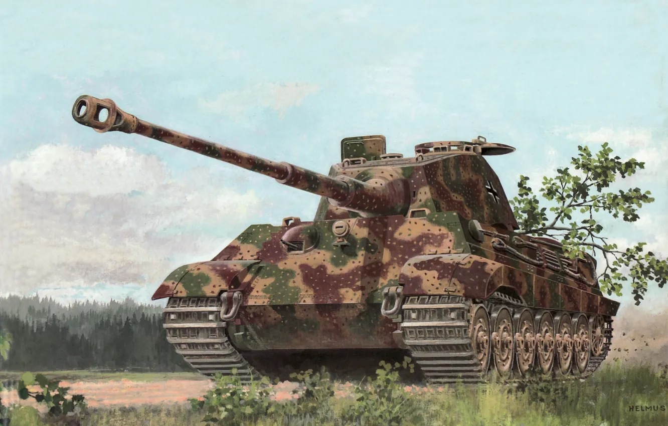 Фото обои рисунок, арт, танк, маскировка, камуфляж, немецкий, тяжёлый, «Тигр II»