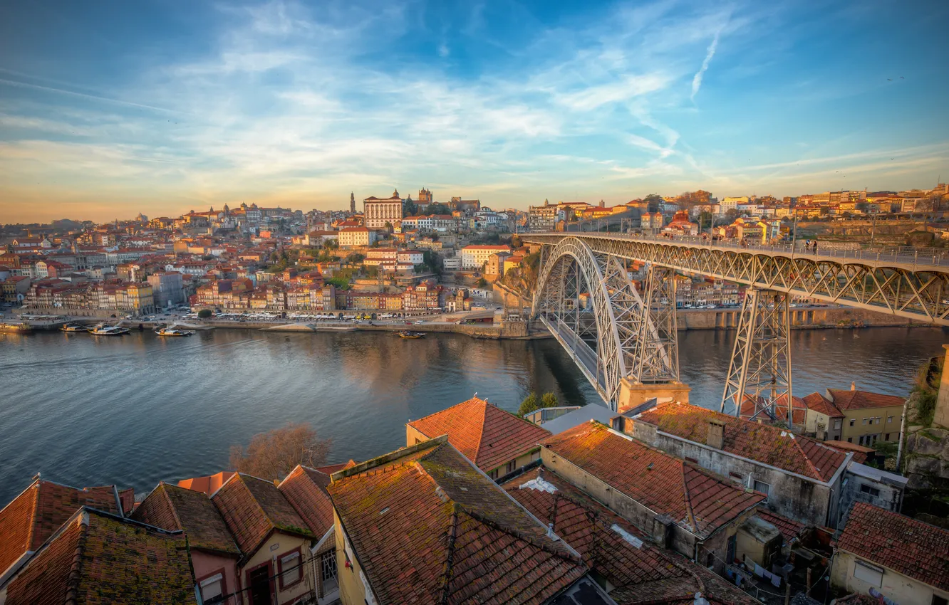Фото обои мост, город, огни, река, утро, Portugal, Porto