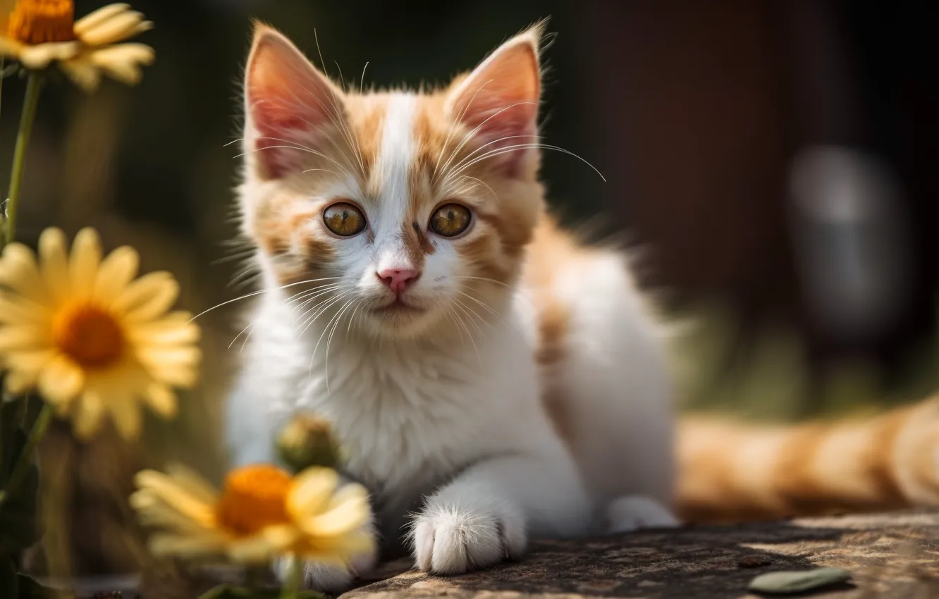 Фото обои кошка, лето, кот, взгляд, свет, цветы, природа, котенок