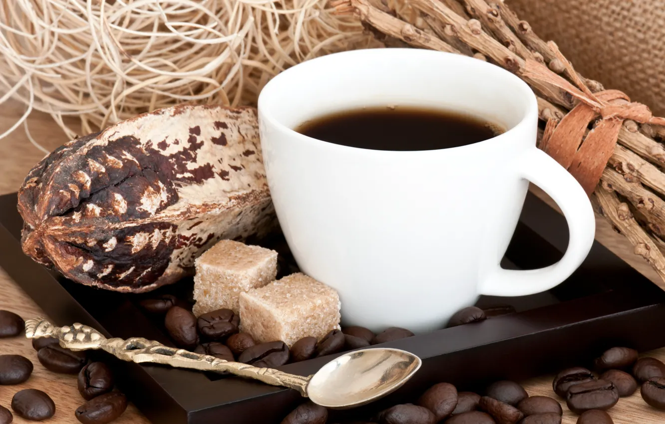 Фото обои кофе, зерна, ложка, чашка, сахар, кусочки, поднос