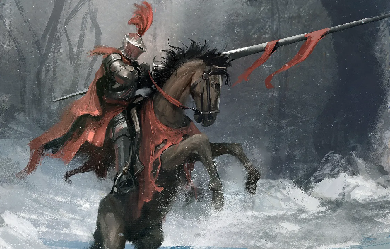 Фото обои Лошадь, Доспехи, Конь, Fantasy, Warrior, Рыцарь, Illustration, Knight