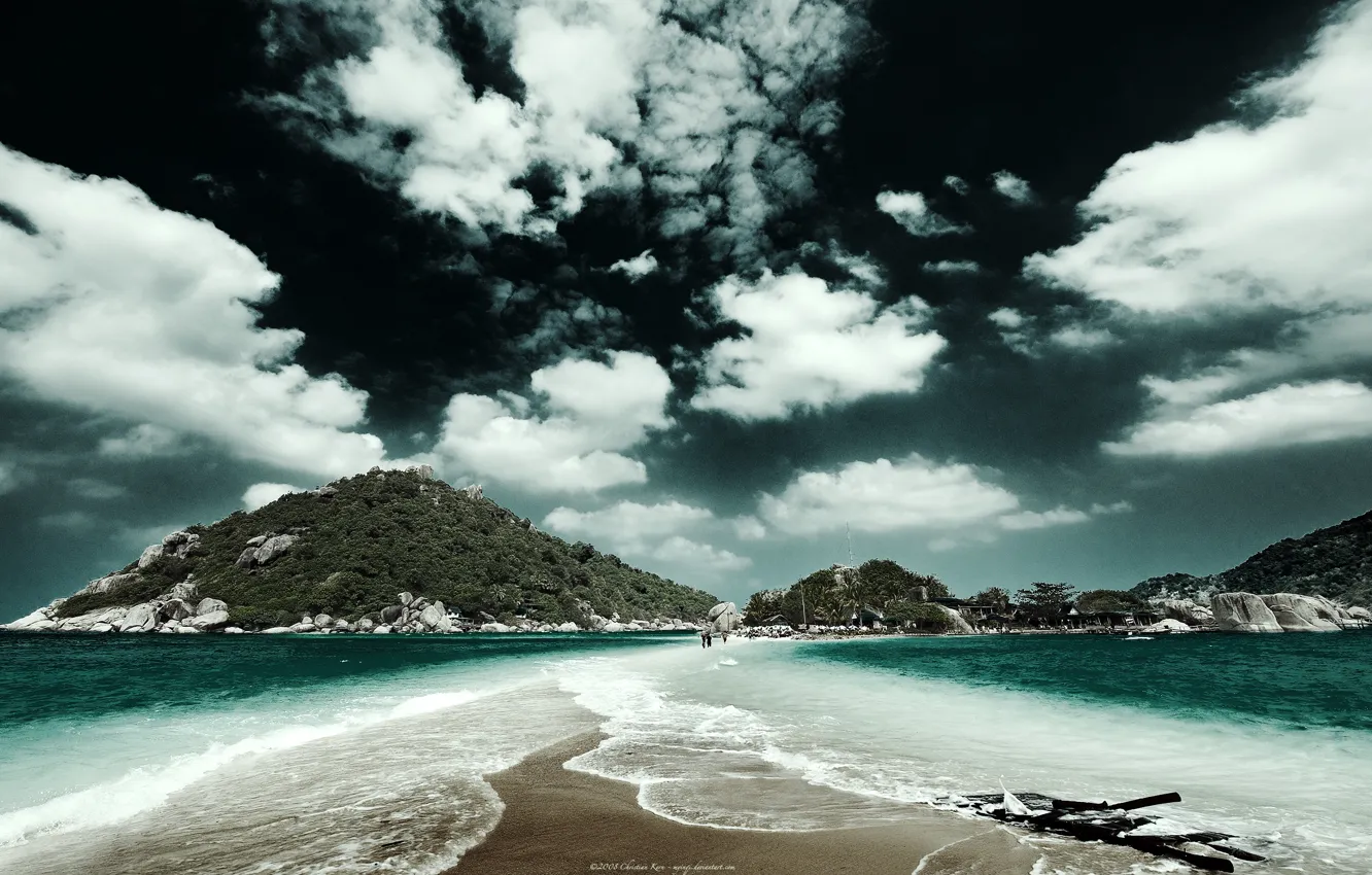 Фото обои песок, море, небо, облака, горы, отмель