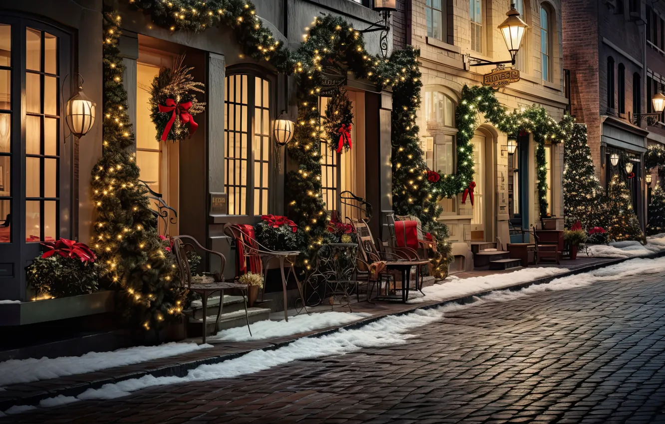 Фото обои зима, снег, украшения, ночь, город, lights, шары, улица