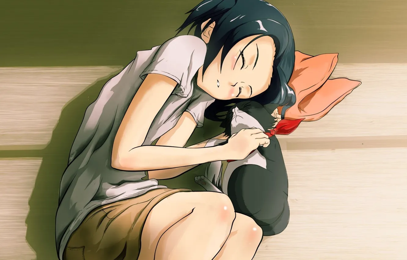 Фото обои кошка, аниме, арт, девочка