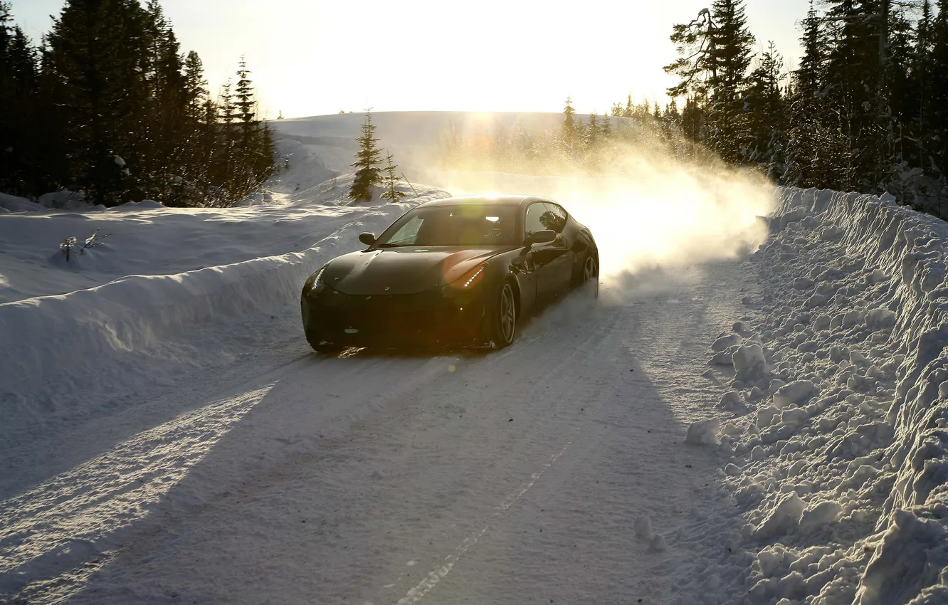 Фото обои зима, дорога, car, машина, лес, небо, солнце, снег