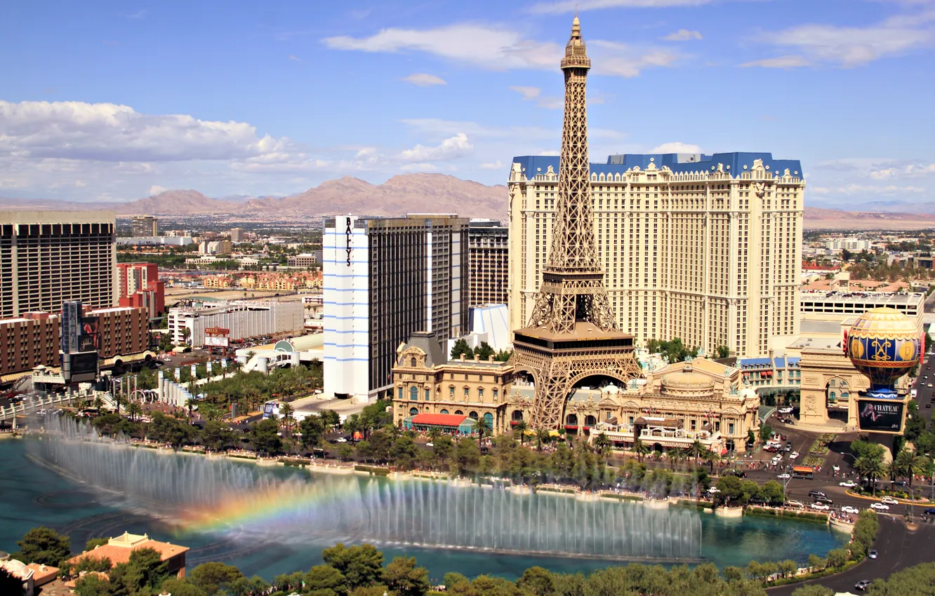 Фото обои радуга, Лас-Вегас, фонтан, США, Невада, музыкальный, отели, Эйфелевая башня (копия)