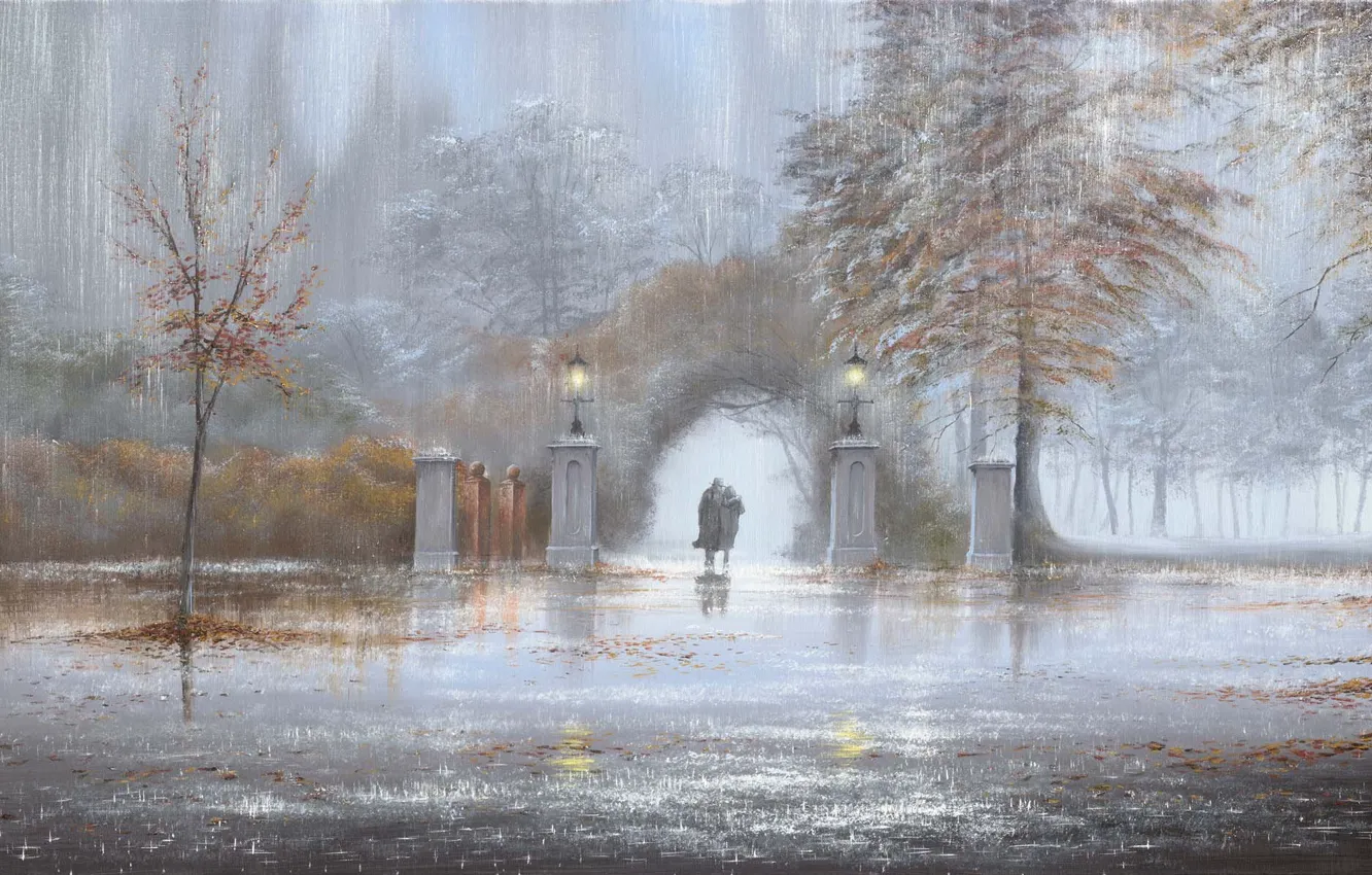 Фото обои осень, парк, дождь, картина, фонари, арка, двое, Jeff Rowland