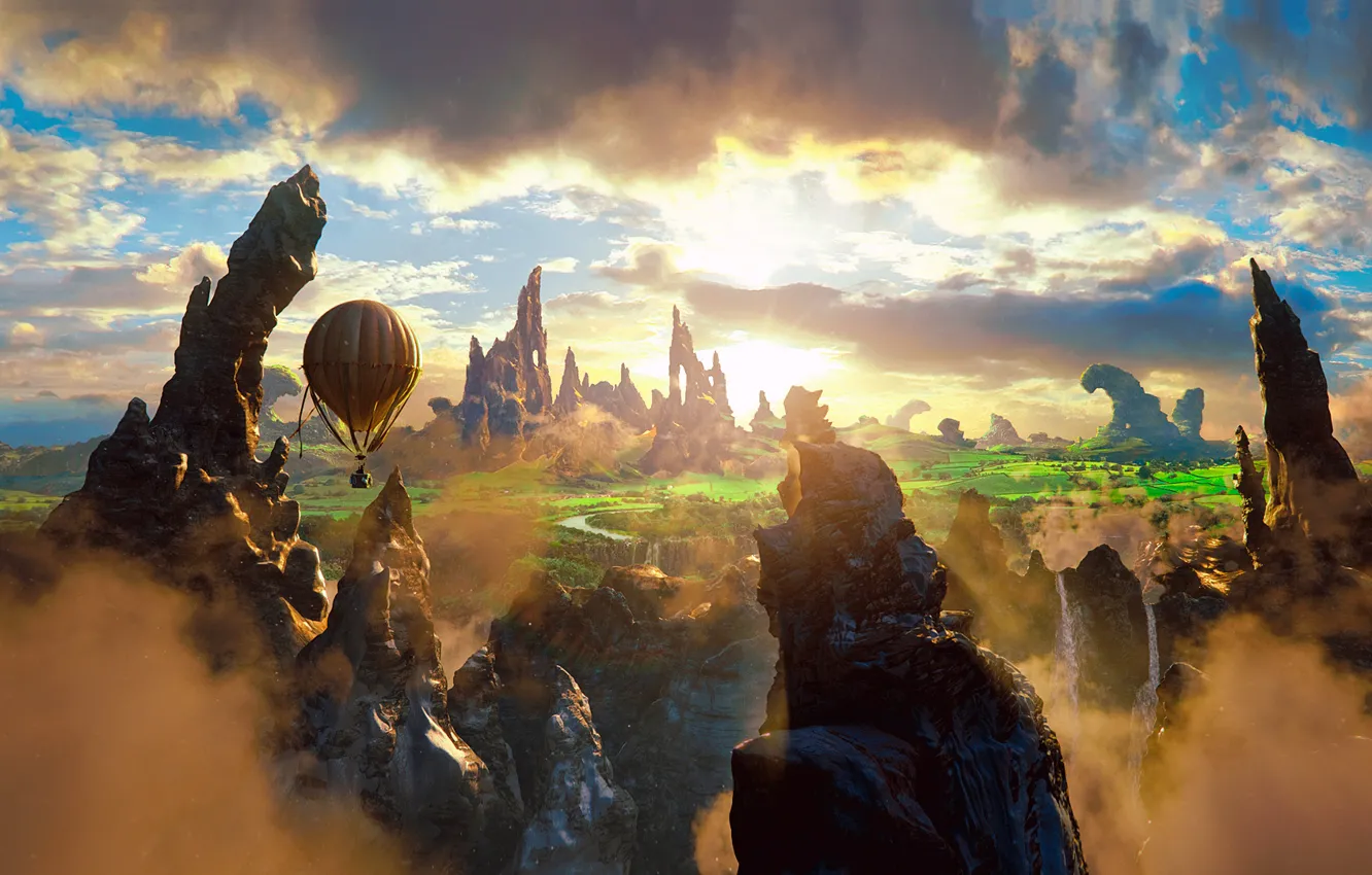 Фото обои Fantasy, Clouds, Rock, magic, Beauty, Air Baloon, 2013 Movie, Oz: The Great and Powerful