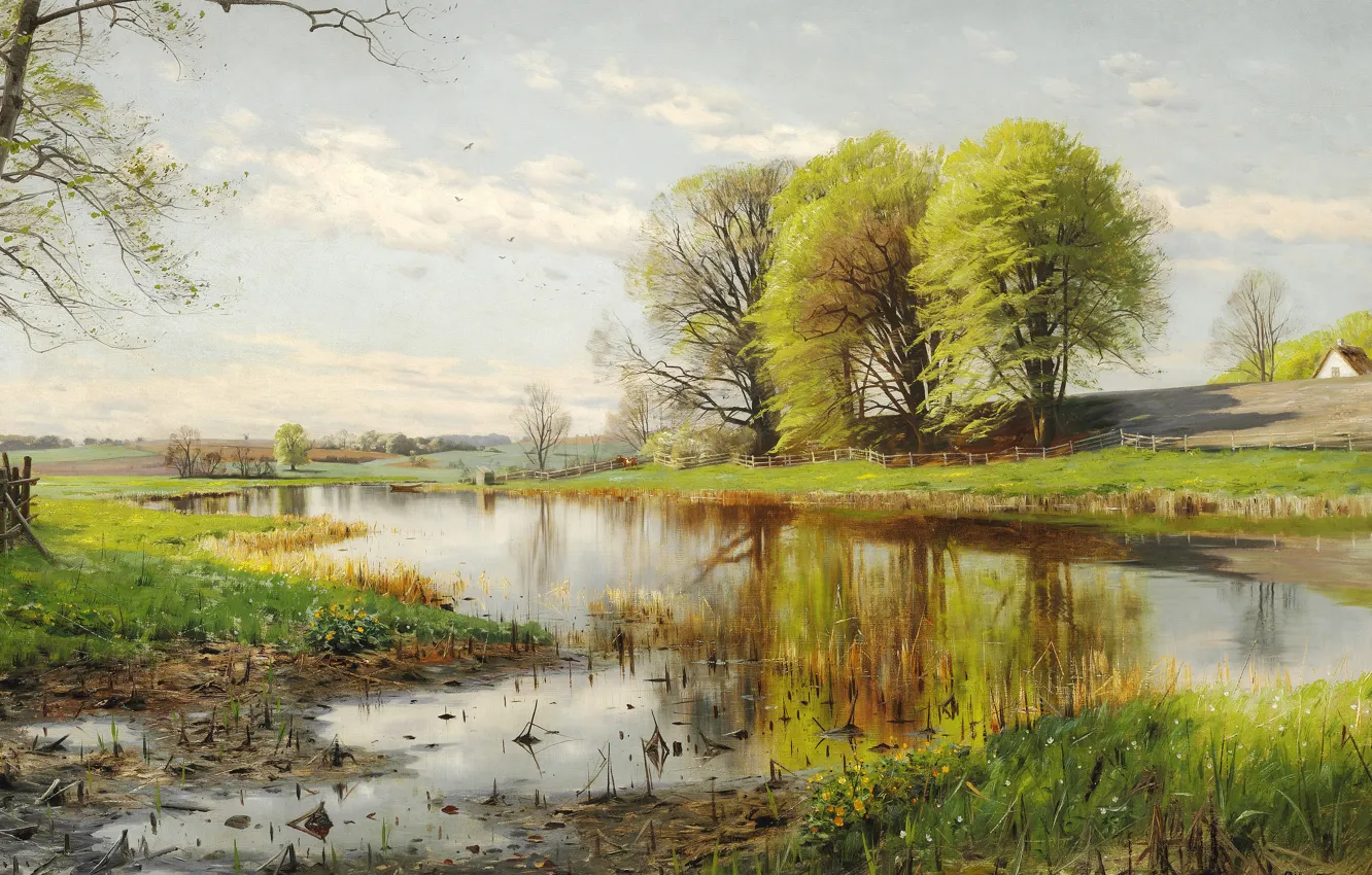 Фото обои датский живописец, 1901, Петер Мёрк Мёнстед, Peder Mørk Mønsted, Danish realist painter, A Danish spring …