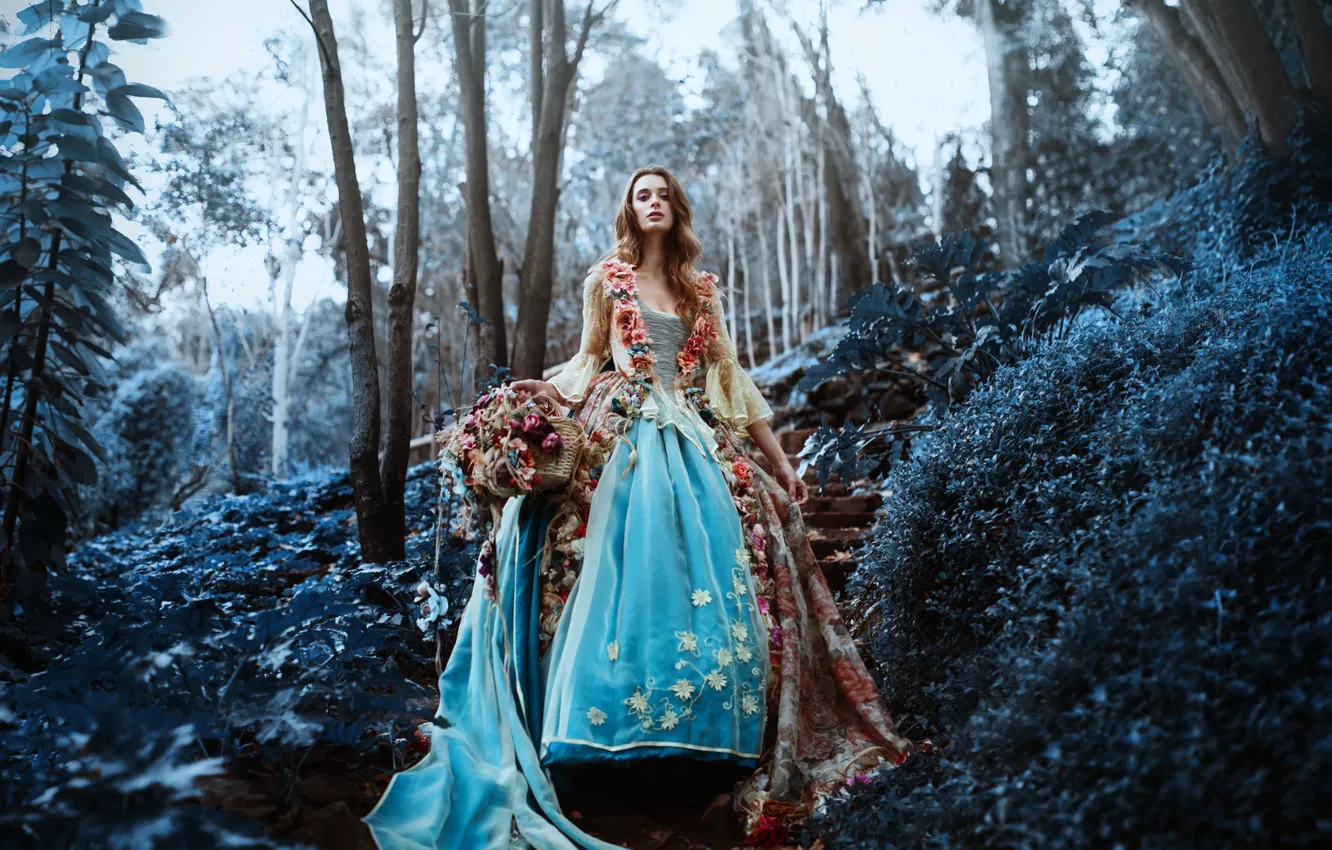 Фото обои лес, девушка, цветы, платье, Ronny Garcia, The last flowers of the season
