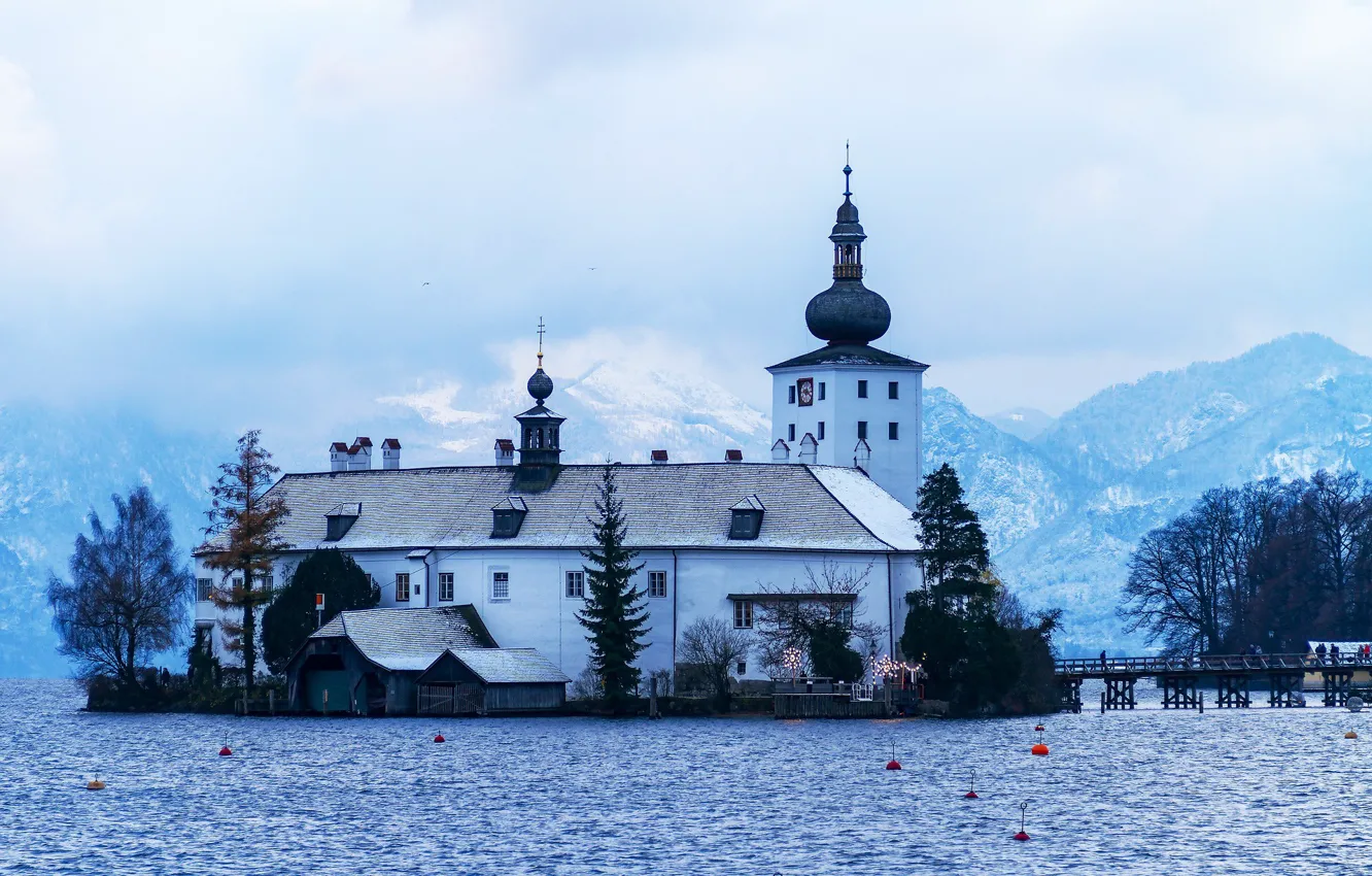 Фото обои горы, озеро, церковь