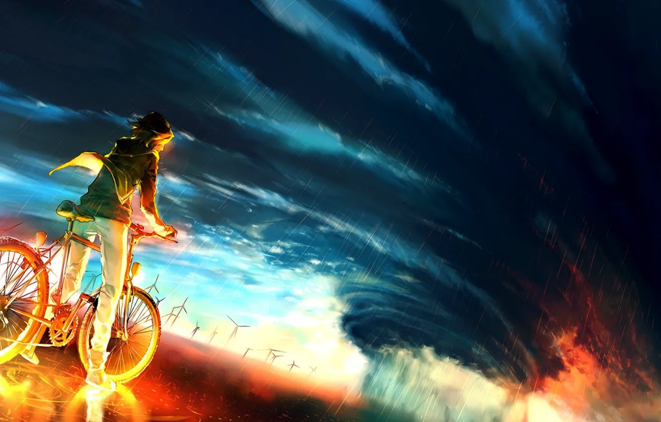 Фото обои небо, велосипед, фон, огонь, буря, аниме, fire, парень