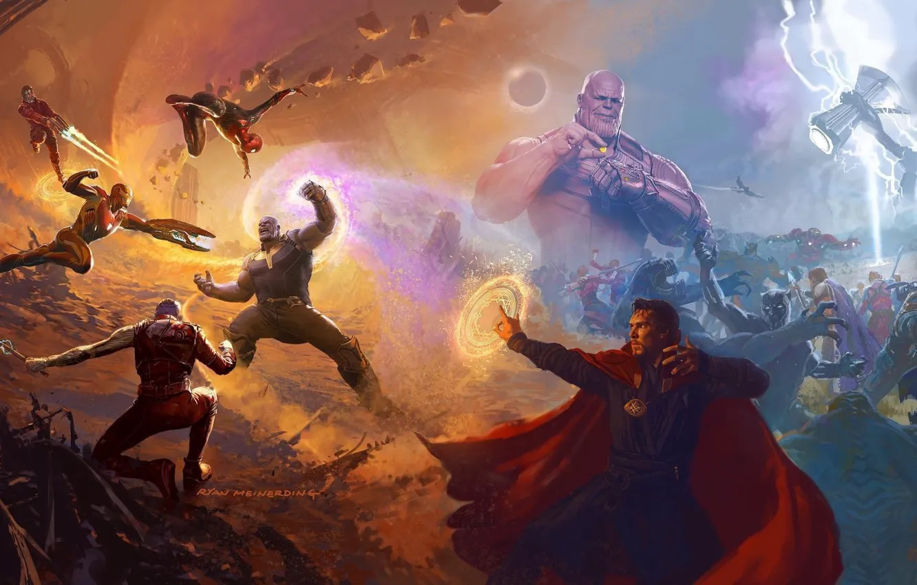 Фото обои alien, lightning, Nebula, Iron Man, Marvel, Captain America, Spider-man, Thor