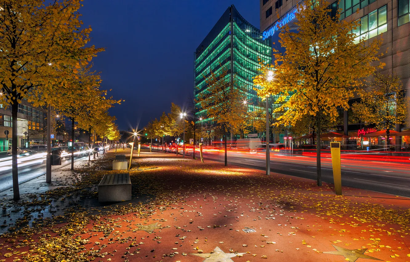 Фото обои дорога, осень, листья, деревья, ночь, город, здания, выдержка