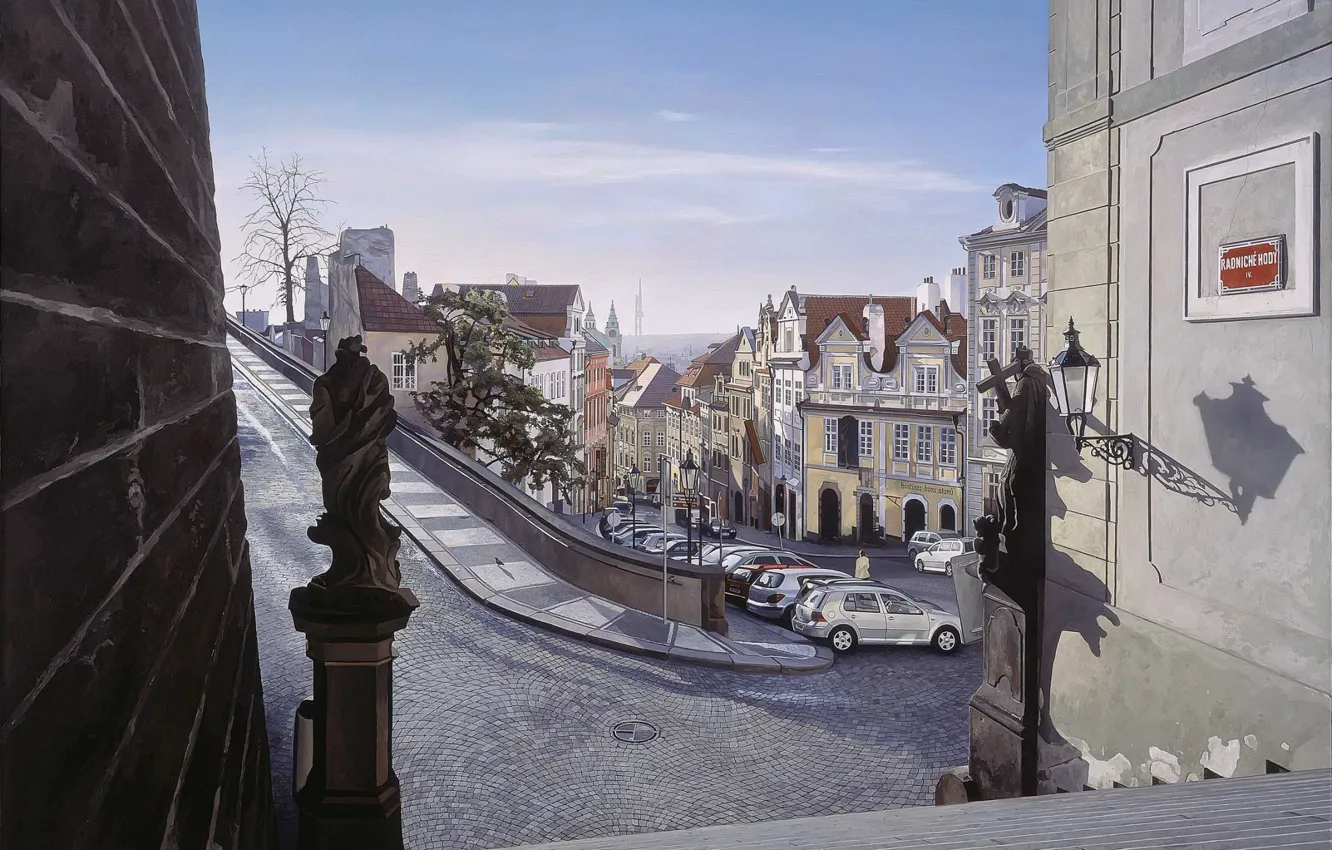 Фото обои дорога, город, улица, дома, картина, поворот, Прага, Чехия