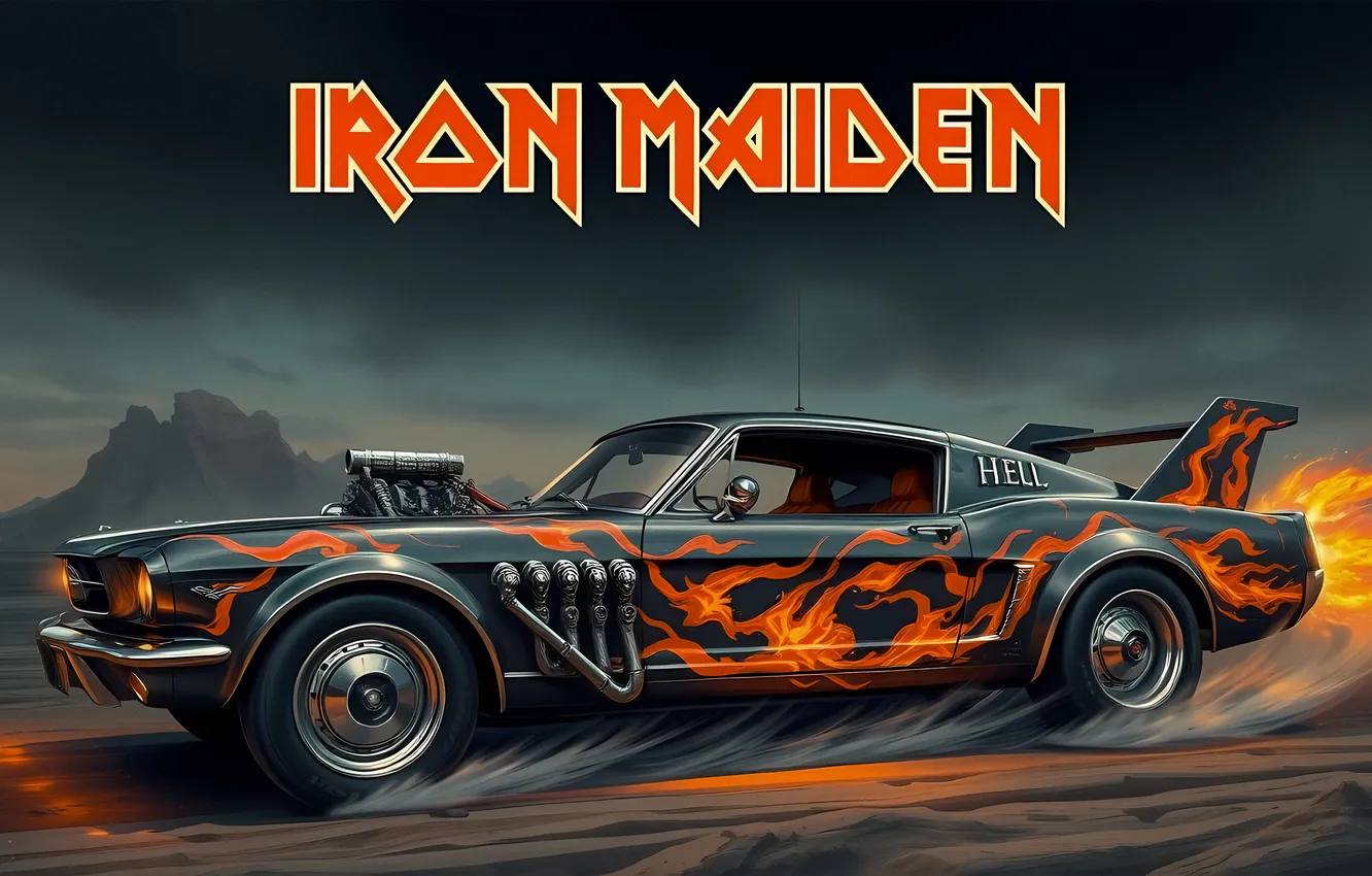 Фото обои car, music, fire, rock, machine, iron maiden